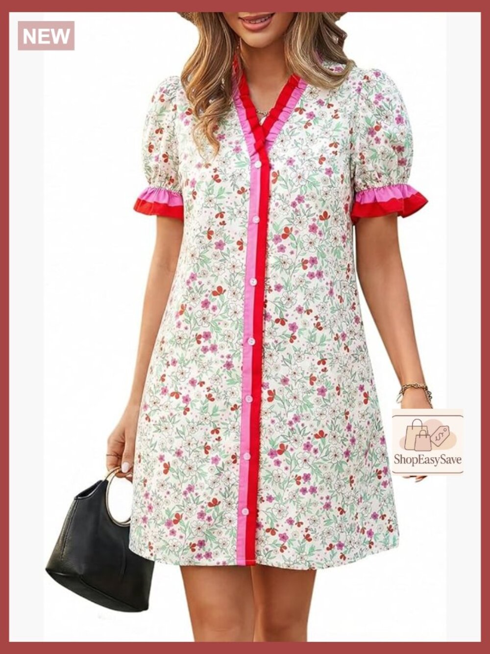 Floral Mini Dress Puff Sleeve V Neck Boho Casual Summer Beach Sundress